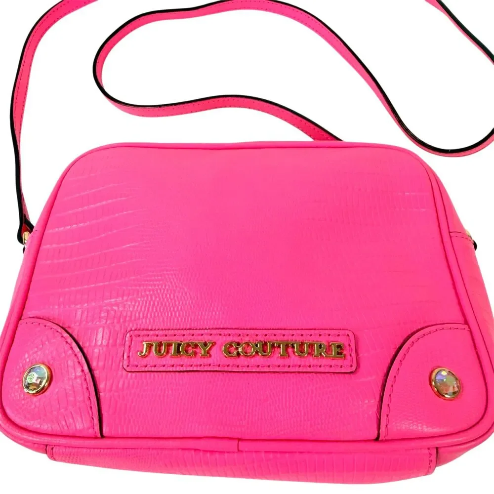 RARE NWT‎ Juicy Couture Pink Purse Camera Bag Leather Lizard Embossed Crossbody